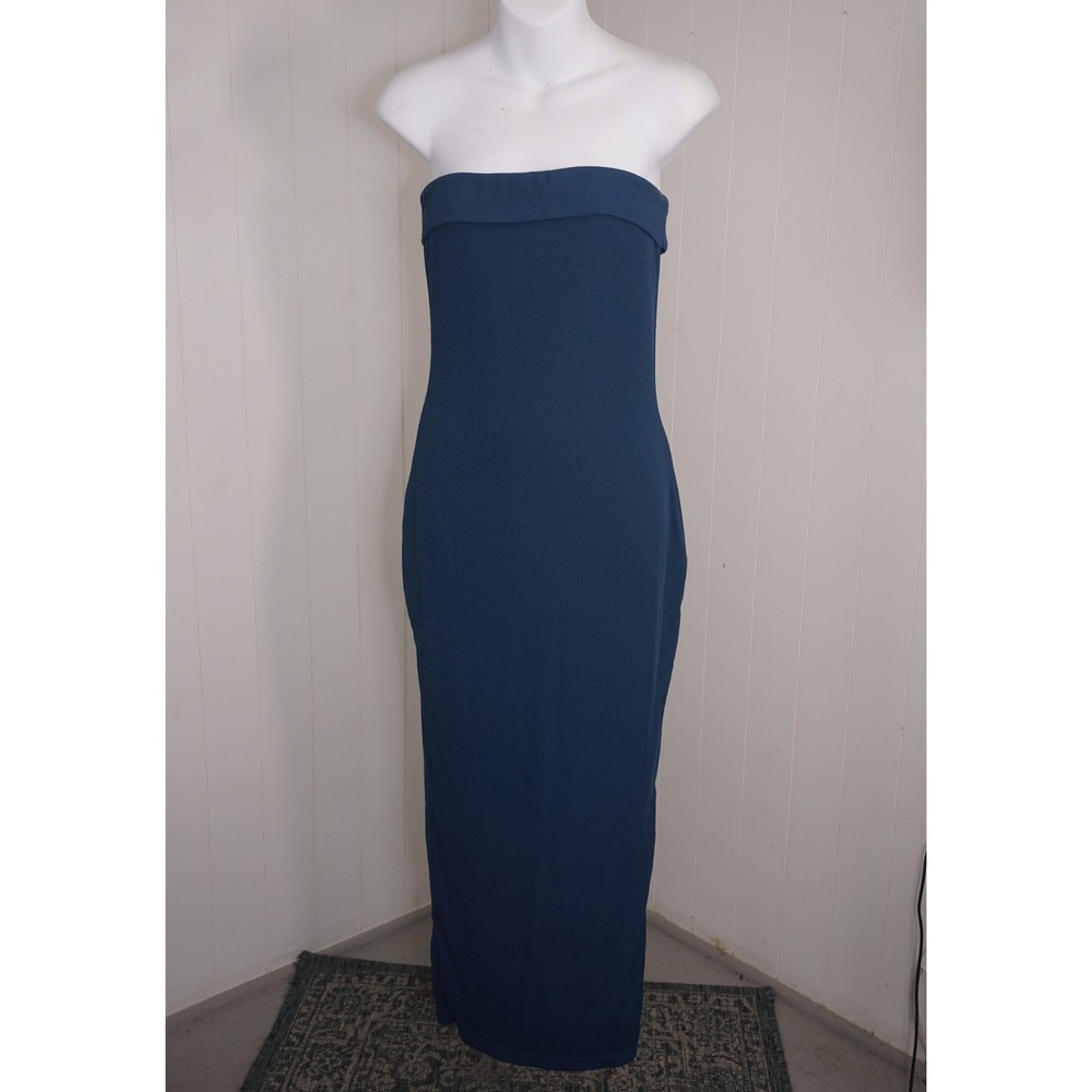 PrettyGarden Size S Blue Ribbed Strapless Maxi Dress Foldover Neckline